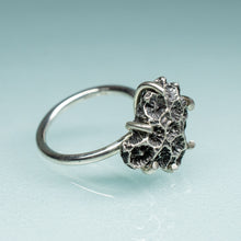Load image into Gallery viewer, side view of northern star coral cast in oxidized recycled silver and prong set in a ring by hkm jewelry