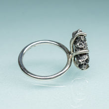 Load image into Gallery viewer, side detail of northern star coral cast in oxidized recycled silver and prong set in a ring by hkm jewelry