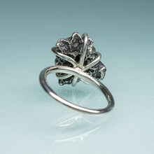 Load image into Gallery viewer, back view of northern star coral cast in oxidized recycled silver and prong set in a ring by hkm jewelry