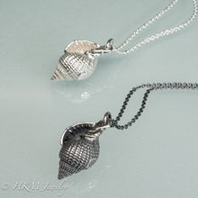 Load image into Gallery viewer, cast silver sanibel nutmeg shell necklaces in polished and oxidized finishes by hkm jewelry
