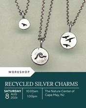 Load image into Gallery viewer, workshop flyer for hkm jewelry recycled charms at the nature center of cape may