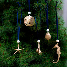 Load image into Gallery viewer, all cast bronze treasure ornament with freshwater pearl and navy blue satin ribbon by hkm jewelry