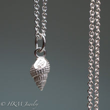 Load image into Gallery viewer, backside of tritia trivittata - Threeline Mud Snail cast in silver by hkm jewelry