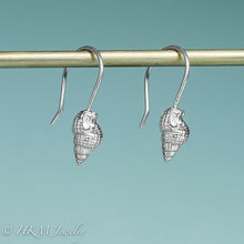 Load image into Gallery viewer, Threeline Mud Snail shell drop earrings in recycled silver by hkm jewelry