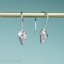 Load image into Gallery viewer, Threeline Mud Snail shell drop earrings in recycled silver by hkm jewelry