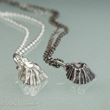 Load image into Gallery viewer, close up bottom view of cast silver barnacle necklace in both polished and oxidized finish by hkm jewelry
