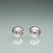 Load image into Gallery viewer, silver round swirl stud earrings with blue stone in the center