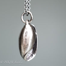 Load image into Gallery viewer, side view of cast atlantic bubble shell bulla striata necklace in oxidized sterling silver with hallmark 925 and makers mark HKM by hkm jewelry