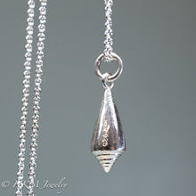 Load image into Gallery viewer, side view of florida cone snail necklace with hallmark stamp HKM and 925 in polished silver finish by hkm jewelry
