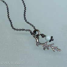 Load image into Gallery viewer, close up of cast silver cypress bough and amazonite necklace by hkm jewelry in oxidized finish