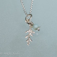 Load image into Gallery viewer, close up of cast silver cypress bough and amazonite necklace by hkm jewelry in polished finish