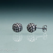 Load image into Gallery viewer, front and side view of kousa dogwood fruit studs in cast sterling silver by hkm jewelry in oxidized finish