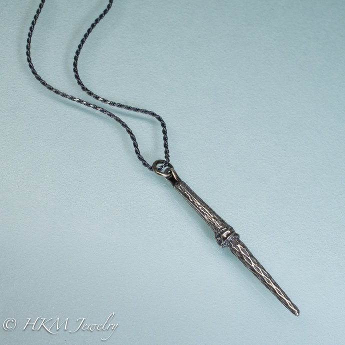 tulip tree flower fairy sword necklace in cast sterling silver by hkm jewelry in oxidized finish