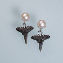 Load image into Gallery viewer, chandelier earrings with pearls and black sharks teeth fossils