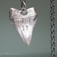 Load image into Gallery viewer, cast oxidized silver great white shark tooth by hkm jewelry on sterling silver anchor chain