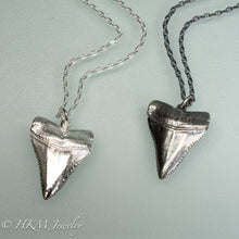 Load image into Gallery viewer, cast silver great white shark tooth necklaces in polished and oxidized finishes by hkm jewelry