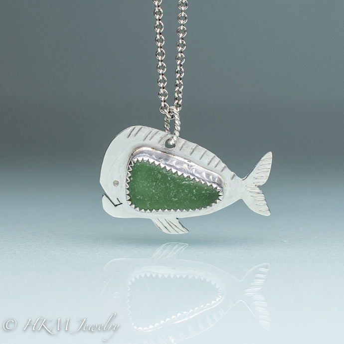 mahi mahi dolphin fish necklace by hkm jewelry in recycled sterling silver and serrated bezel set green sea glass piece