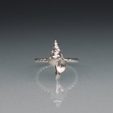 Load image into Gallery viewer, silver horse conch shell ring with twisted band on gradient blue background