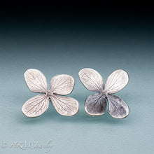 Load image into Gallery viewer, front view of hydrangea flower stud earrings in oxidized sterling silver by hkm jewelry