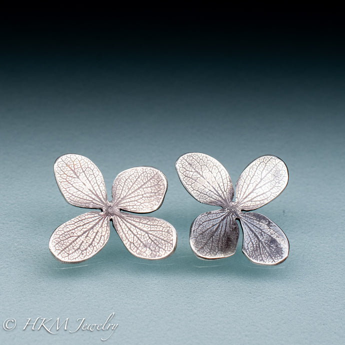 front view of hydrangea flower stud earrings in oxidized sterling silver by hkm jewelry
