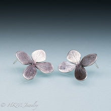 Load image into Gallery viewer, side view of hydrangea flower stud earrings in oxidized sterling silver by hkm jewelry