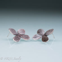 Load image into Gallery viewer, side view of hydrangea flower stud earrings in oxidized sterling silver by hkm jewelry