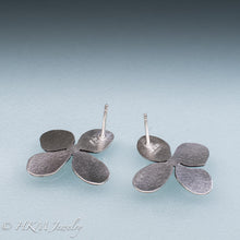 Load image into Gallery viewer, back view of hydrangea flower stud earrings in oxidized sterling silver by hkm jewelry