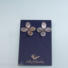 Load image into Gallery viewer, hydrangea flower stud earrings on jewelry card in oxidized sterling silver by hkm jewelry