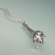 Load image into Gallery viewer, Silver conch shell pendant on a chain against a light blue background