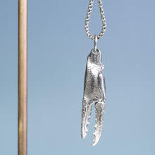 Load image into Gallery viewer, close up of hallmark .925 and makers mark HKM on the Lady Crab Claw Necklace cast in sterling silver on reverse double rope chain by hkm jewelry