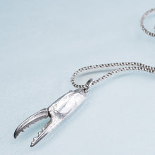 Load image into Gallery viewer, close up of articulate Ovalipes ocellatus - Lady Crab Claw Necklace cast in sterling silver on reverse double rope chain by hkm jewelry laying on blue background