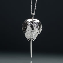 Load image into Gallery viewer, Silver pendant on a chain against a black background