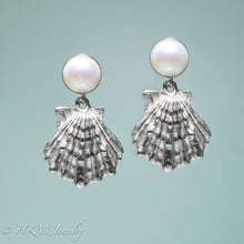 Load image into Gallery viewer, cast silver lion's paw shell two tiered earrings with freshwater pearls by hkm jewelry