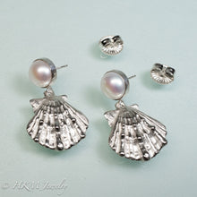 Load image into Gallery viewer, monster backs and side view of cast silver lion's paw shell two tiered earrings with freshwater pearls by hkm jewelry