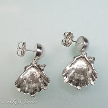 Load image into Gallery viewer, back side view of cast silver lion's paw shell two tiered earrings with freshwater pearls by hkm jewelry