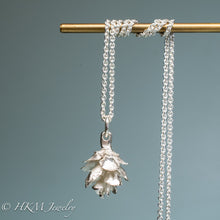 Load image into Gallery viewer, cast silver hemlock pine cone necklace by hkm jewelry in polished finish