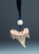 Load image into Gallery viewer, Shark tooth ornament with a pearl and blue cord on a gray background