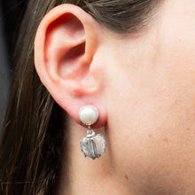 Load image into Gallery viewer, cast silver mantis shrimp tail and pearl two tier dangle earrings on model