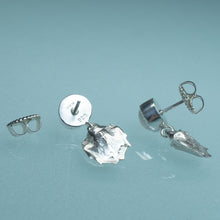 Load image into Gallery viewer, back view of cast silver mantis shrimp tail and pearl two tier dangle earrings on blue background