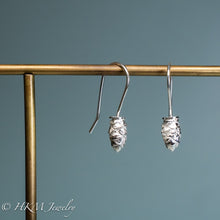 Load image into Gallery viewer, front and side view of mini cone drop earrings in polished sterling silver by hkm jewelry
