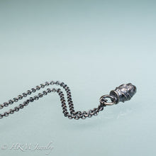 Load image into Gallery viewer, top view of cast silver mini pinecone necklace by hkm jewelry in oxidized finish