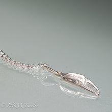 Load image into Gallery viewer, close up back view of mini lady crab claw necklace cast in recycled silver in a polished finish with hallmark 925 and makers mark HKM  by hkm jewelry