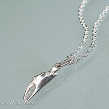 Load image into Gallery viewer, close up front view of mini lady crab claw necklace cast in recycled silver in a polished finish by hkm jewelry