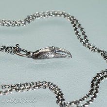 Load image into Gallery viewer, back view of mini lady crab claw necklace cast in recycled silver in an oxidized finish by hkm jewelry