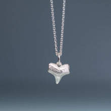 Load image into Gallery viewer, small silver shark tooth necklace on cable chain with blue gradient background