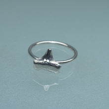 Load image into Gallery viewer, cast silver small shark tooth ring on blue gradient background