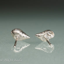 Load image into Gallery viewer, backside view of cast silver mismatched mini periwinkle shell earrings cast in polished sterling silver by hkm jewelry