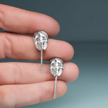 Load image into Gallery viewer, mini horseshoe crab earrings cast from life in sterling silver with moving kinetic tails by hkm jewelry