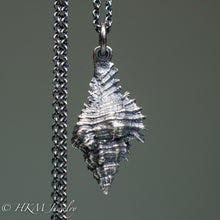 Load image into Gallery viewer, close up back side of close up of chicoreus florifer - Lace Murex shell necklace in sterling silver by hkm jewelry oxidized finish