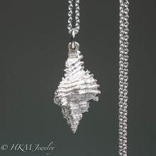 Load image into Gallery viewer, close up back side of close up of chicoreus florifer - Lace Murex shell necklace in sterling silver by hkm jewelry polished finish